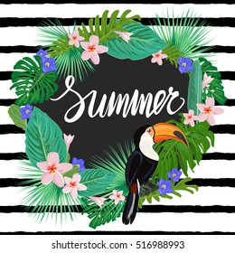 Planta de verano brillante con plantas tropicales, flores exóticas y pájaros toscanos