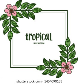 Bright summer template with tropical plants, green leaves and floral frame. Vector