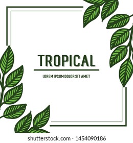 Bright summer template with tropical plants, green leaves and floral frame. Vector