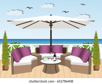 Bright summer terrace with stylish comfortable furniture. Beautiful colorful view of the sea and the beach. Flat style vector illustration.