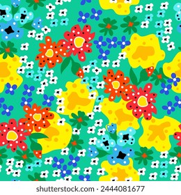 Bright summer textile print with cute small florets and large stylized flowers polka dot on green background. Artistic floral seamless pattern in liberty style. For textile, wrapping, cover. Vector.