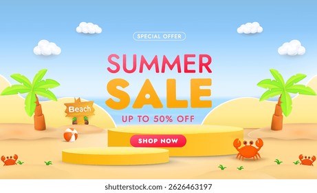 Bright summer themed sale advertisement featuring beach elements such as palm trees, sand, sea, and crabs. Promoting special discounts with a cheerful and vibrant theme to attract customers.