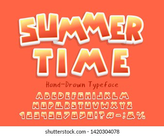 Bright Summer time Alphabet. Vector hand drawn uppercase letters, numbers. 3D sticker font. Colorful cartoon typeface for summer design.