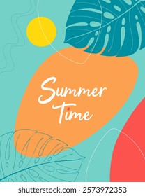 Bright Summer Time poster with sun and palm leaf, boho style, handwritten lettering. Vector illustration