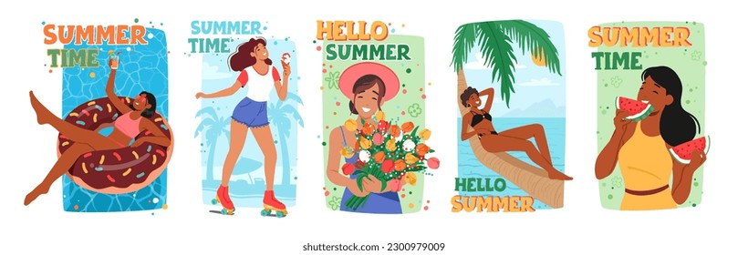 Bright Summer Time Posters Featuring Cheerful Women Characters Enjoying Summer Activities, Relax in Pool. Banners Perfect For Decorating Homes And Offices. Cartoon People Vector Illustration