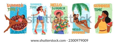 Bright Summer Time Posters Featuring Cheerful Women Characters Enjoying Summer Activities, Relax in Pool. Banners Perfect For Decorating Homes And Offices. Cartoon People Vector Illustration