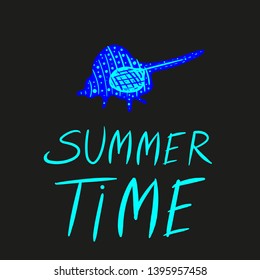 Bright summer time vector neon banner design with  colorful beach elements in black background. Blue author's tropical shell. Vector illustration. 