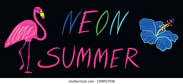 Bright summer time vector neon banner design with  colorful beach elements in black background. Vector illustration.  A bright flower hibiscus and pink flomingo.
