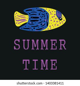 Bright summer time vector neon banner design with  colorful beach elements in black background.  Vector illustration.  Bright authortropical fish.
