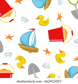 Bright summer toys pattern. Boat, shell, bucket, starfish, scoop, duck. Vector