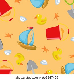 Bright summer toys pattern. Boat, shell, bucket, starfish, scoop, duck. Vector