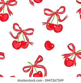 
Bright summer trendy print. Seamless vector pattern. Composition of cherries and satin ribbon bows. Drawing for clothing, home textiles, packaging, etc.