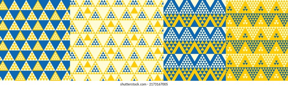 Bright summer triangle geometry seamless pattern set in blue and yellow. Triangles patterns collection. Vector geometric repeatable motif for textile, print, wrap, scrapbook paper.