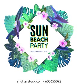 Bright summer tropical background with exotic palm leaves and pink flowers. Jungle vector floral party flyer template.