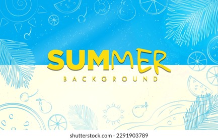Fondo tropical de verano brillante. Elementos tropicales dibujados a mano, frutas, limón, cerezo, olas, playa, hojas de palma, sol. Luz solar brillante. Ilustración de vectores editable. EPS 10.