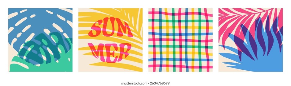 Bright Summer Tropical Card Set –Bold Leaf Patterns Colorful Retro Typography for Seasonal Design
