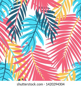 Bright Summer Tropical Leaves Vector Design. Floral seamless pattern. Doodle vector background with leaves. Colorful tropical illustration.