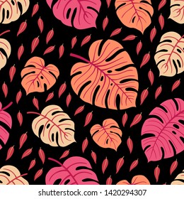 Bright Summer Tropical Leaves Vector Design. Floral seamless pattern. Doodle vector background with leaves. Colorful tropical illustration.