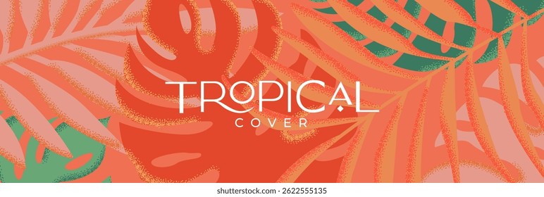 Bright summer tropical pattern with red monstera and palm leaves.Floral print with tropical plants.Template botanical design for fabric,print,cover,banner, invitation, cosmetics, spa, perfume.Vector
