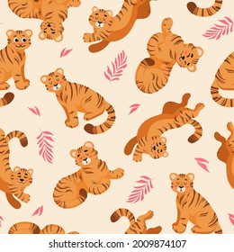 Bright summer tropical seamless pattern. Cute tiger, palm leaves childrens vector illustration cartoon style. For nursery, posters, prints on fabric. International Tiger Day. Chinese New Year 2022.