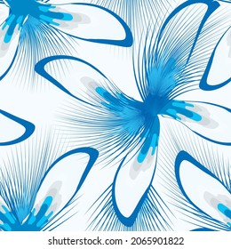 Bright summer tropical seamless pattern with blue abstract plants and leaves on white background. Vector design. Jungle print. Floral background. fashionable texture