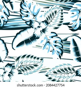 Bright summer tropical seamless pattern with Modern abstract plants on wave background. Vector design. Floral background. Exotic design and ornament. Fashionable texture design, textile, fabric, print