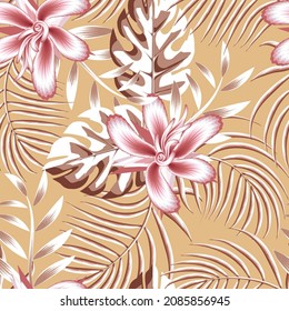 Bright summer tropical seamless pattern with abstract monstera palm leaves and pink hibiscus flower plant foliage on light background. Vector design. Jungle print. Floral background. Exotic tropics