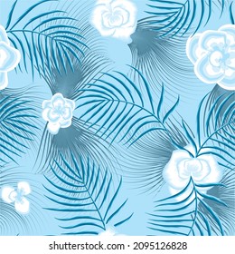Bright summer tropical seamless pattern with sky blue color abstract plants leaves and flowers on light background. Vector design. Jungle print. Floral background. Exotic tropics. fashionable texture