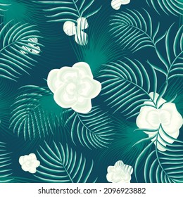 Bright summer tropical seamless pattern with abstract plant foliage and blue palm leaves on delicate background. Vector design. Jungle print. Floral background. nature wallpaper. Exotic Summer design