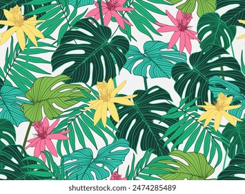 Bright summer tropical seamless pattern with green monstera leaves, fern and flowers. Floral print, vector illustration.