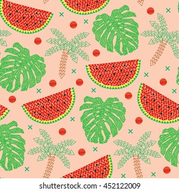 Bright summer tropical seamless pattern with palm trees, monstera leaves, watermelon slices and geometric elements. Vibrant mosaic vector illustration. Peachy background.