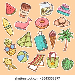 Bright summer vacation sticker collection with ice cream, surfing whale and tropical fruits. Playful handdrawn kawaii designs perfect for planners, journals and scrapbooking