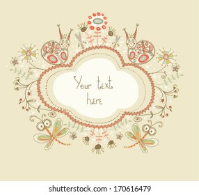Bright summer vector design with  flowers, dragonfly and snails. 