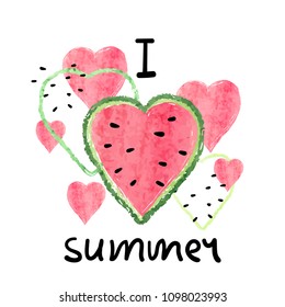 Bright summer vector illustration with heart shaped watercolor watermelon slices. 