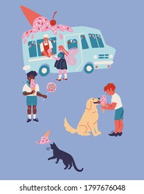 Bright summer vector illustration with ice-cream trucks at the street, children, cat and dog