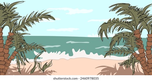 Bright summer vector illustration with sea, sky, clouds, palm trees and sand in doodle style. Perfect for visualizing summer mood
