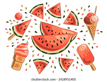 Bright summer vector illustration: slices of juicy watermelon, watermelon ice cream. Clipart in red and green tones on a white background. Image for your decor, design, printing and advertising.