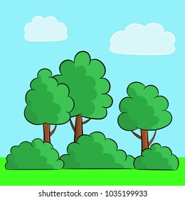 Bright summer vector landscape with green trees and bushes and blue sky. Park, forest or grove