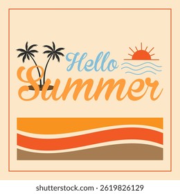 Bright summer vector with palm trees, sun, waves, and colorful retro stripes. Perfect for seasonal greeting cards, posters, and summer promotions