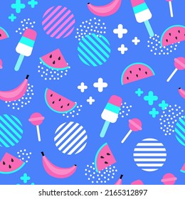 Bright summer vector pattern of elements - watermelon, ice cream, banana, lollipop and graphic elements. Summer mood, perfect for summer prints