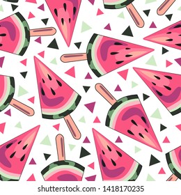 Bright summer vector pattern: fruit ice in the form of watermelon slices. Ice cream. Seamless clipart in pink and green colors on white background. Template for your decor and design. Textile