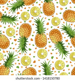 Bright summer vector pattern: juicy fruit pineapple, pineapple pieces,  hearts. Seamless clipart in yellow and green colors. Template for your decor and design. T-shirt printing. Textile