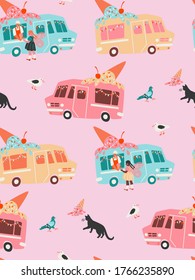 Bright summer vector seamless pattern with ice-cream trucks at the street, girl, cat and birds