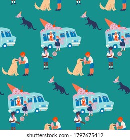 Bright summer vector seamless pattern with ice-cream trucks at the street, children, cat and dog