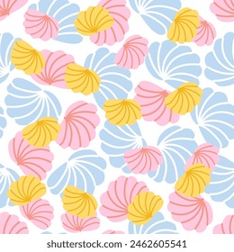 Bright summer vector seamless pattern with pink, blue and yellow hand-drawn shells on a white background. Marine motifs for your design