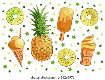 Bright summer vector set: pineapple, pineapple slices, pineapple ice cream. Delicious clipart in yellow and green colors on a white background. Template for your decor, design and advertising.