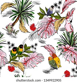 Brillante boceto vector de verano.Dibujo manual sin fisuras con bosque tropical silvestre y aves exóticas con hojas de palma.Diseño para moda, fabic, web, papel pintado y todas las impresiones en blanco 