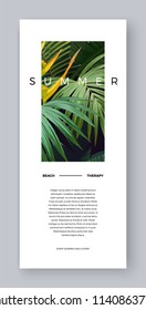 Bright summer vertical vector tropical design with green banana and sabal palm leaves and yellow exotic flowers.