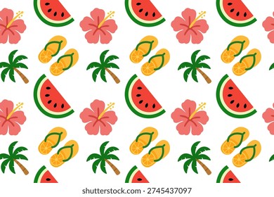 Bright summer vibes pop on white with watermelon slices, hibiscus blooms, palm trees, and flip flops create a tropical, playful pattern perfect for beachy designs.