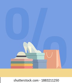 Bright summer women's clothing, bought at a stock. Discount banner. Vector illustration EPS10